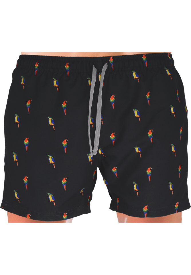 Unique Bosphorus Erkek Mayo Şort Düz Siyah Renk Üzeri Papağan Desenli