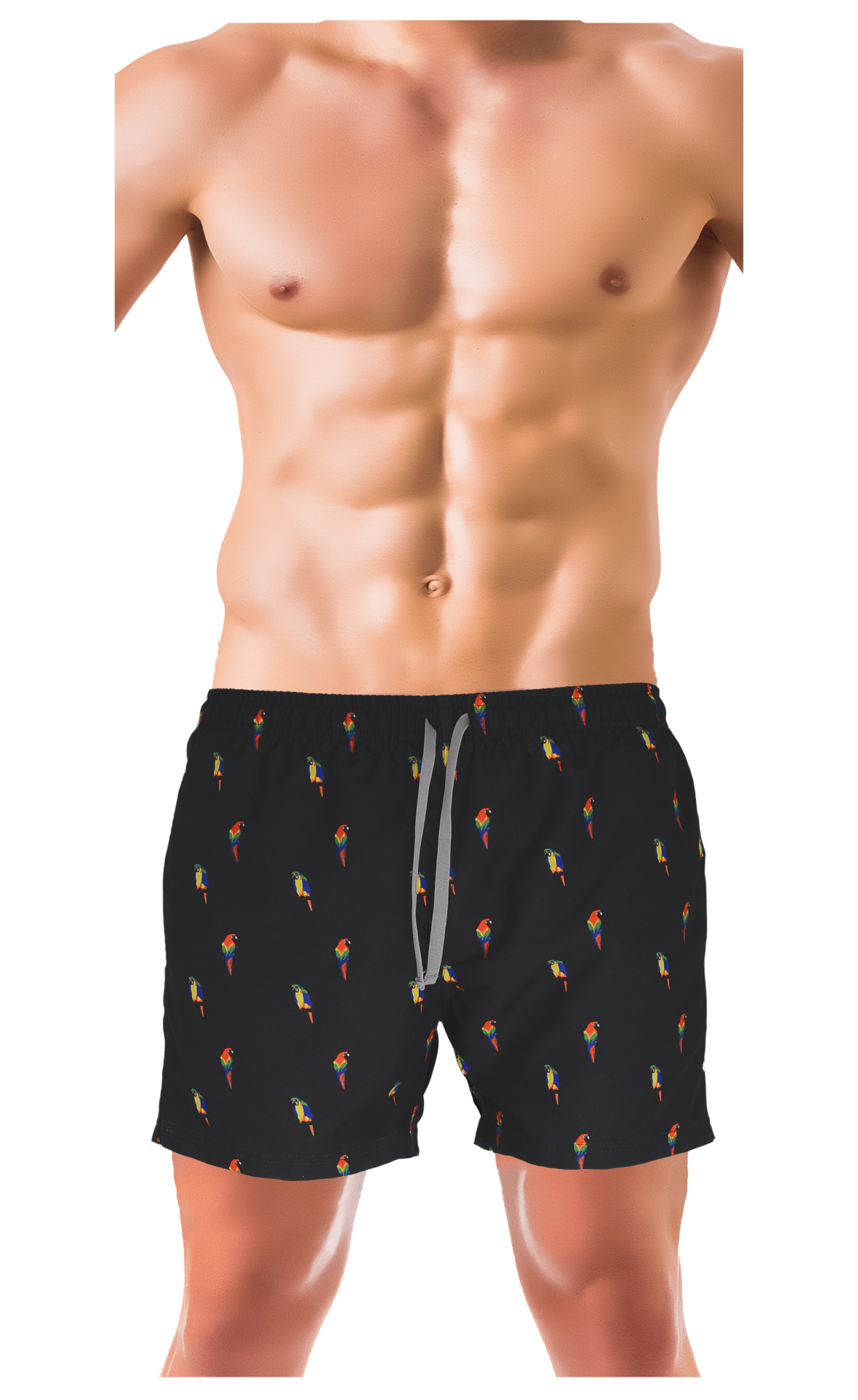 Unique Bosphorus Erkek Mayo Şort Düz Siyah Renk Üzeri Papağan Desenli