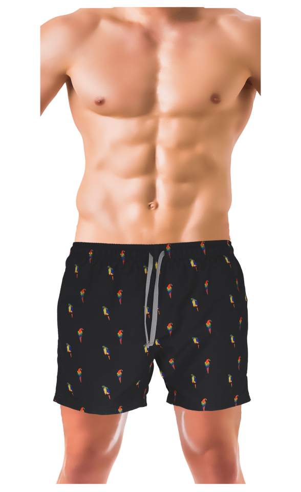 Unique Bosphorus Erkek Mayo Şort Düz Siyah Renk Üzeri Papağan Desenli