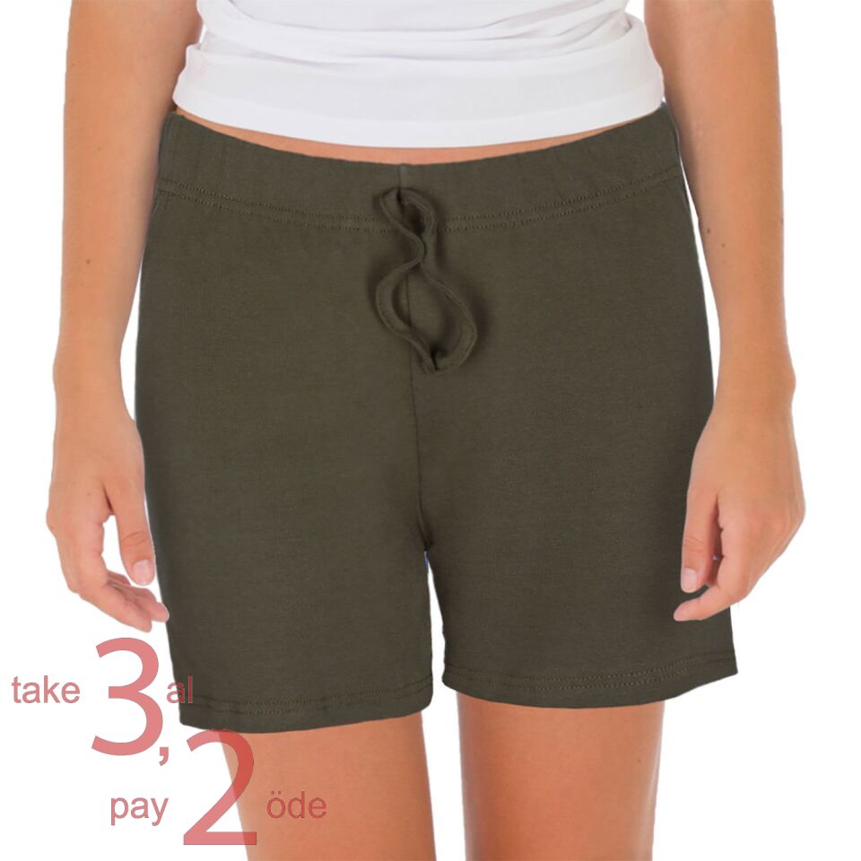Unique Bosphorus %100 Pamuk Ribana Kadın Şort Haki