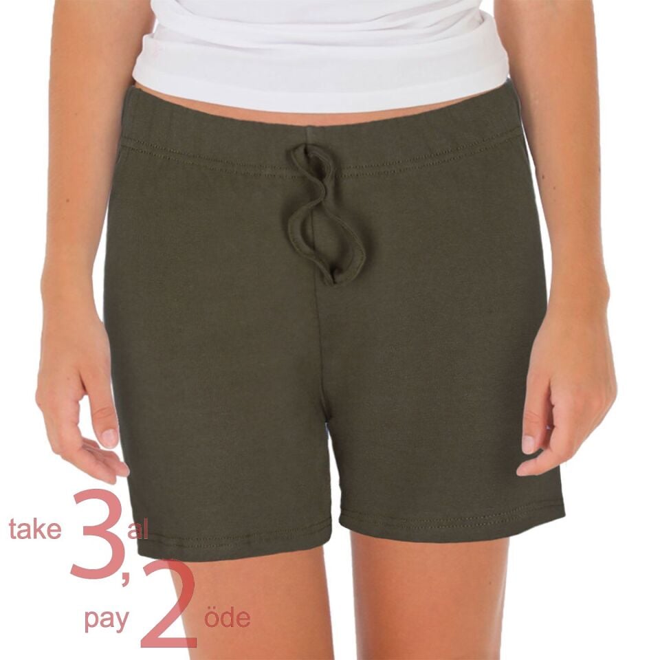 Unique Bosphorus %100 Pamuk Ribana Kadın Şort Haki