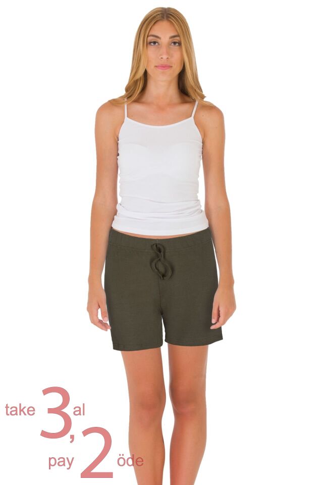 Unique Bosphorus %100 Pamuk Ribana Kadın Şort Haki