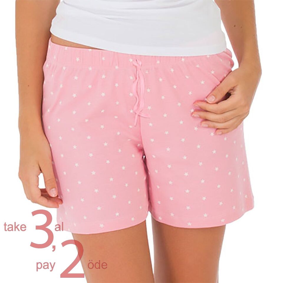 Unique Bosphorus %100 Pamuk Ribana Kadın Şort Pembe Yıldızlı