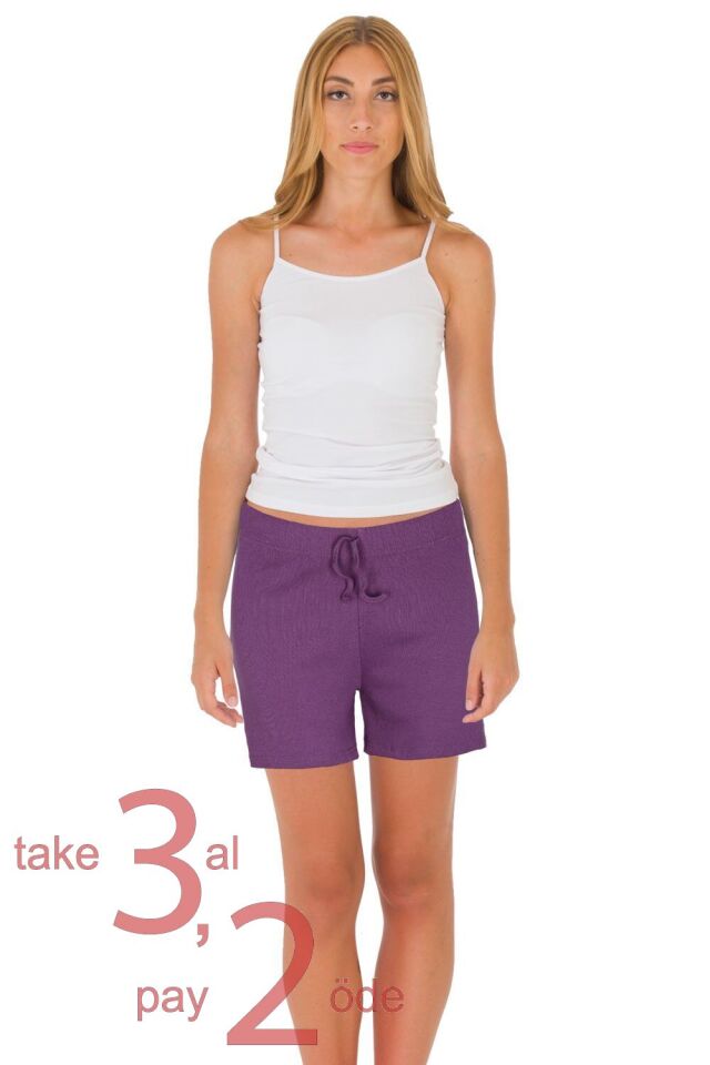 Unique Bosphorus %100 Pamuk Ribana Kadın Şort Mürdüm