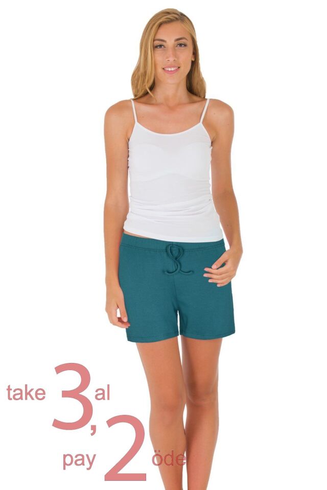 Unique Bosphorus %100 Pamuk Ribana Kadın Şort Koyu Yeşil