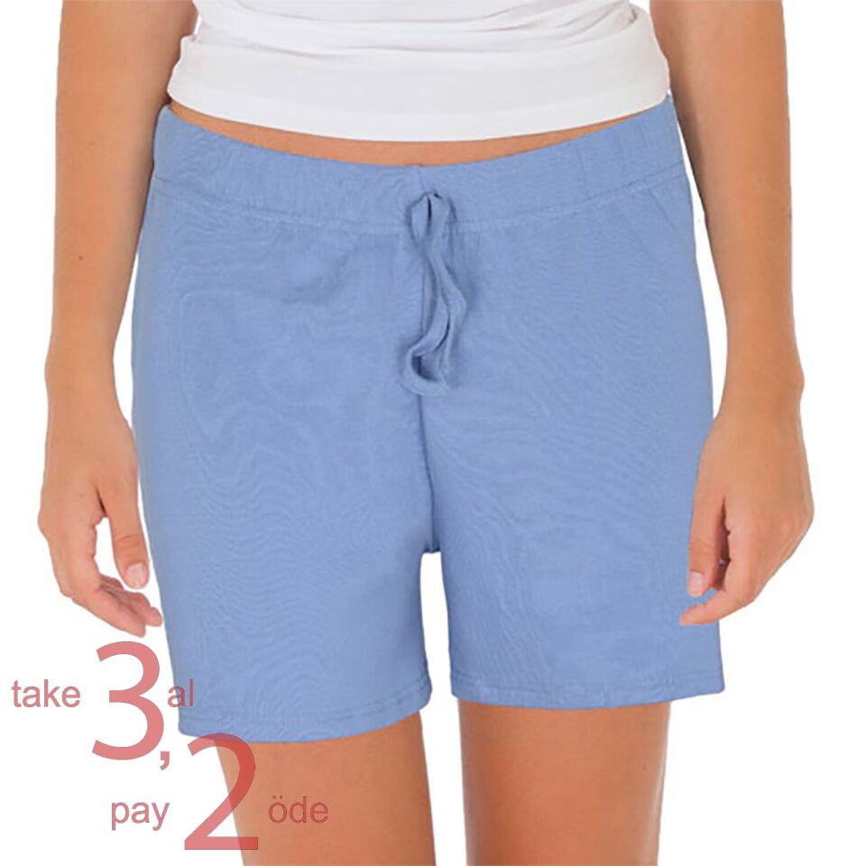 Unique Bosphorus %100 Pamuk Ribana Kadın Şort Çelik Mavisi